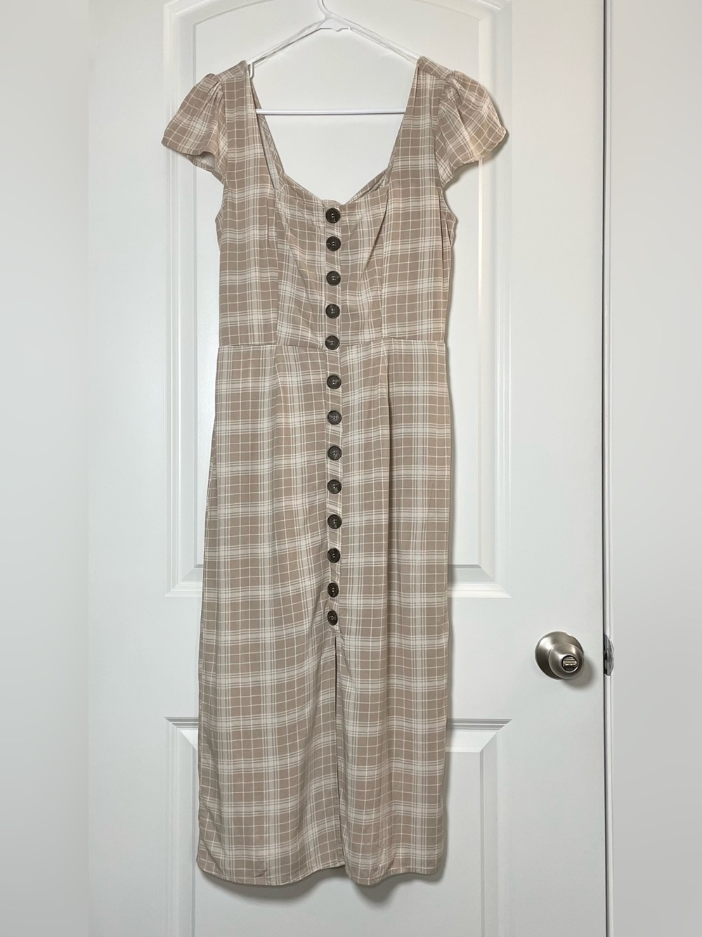 Trixxi Beige Plaid Midi Dress Women’s Medium Open Back Tie Cottagecore - Picture 7 of 13